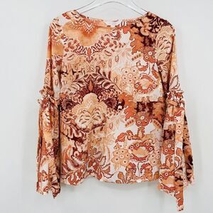 LC Lauren Conrad Size XS Peachy Floral Boho Tie Bell Sleeve Peasant Blouse Top